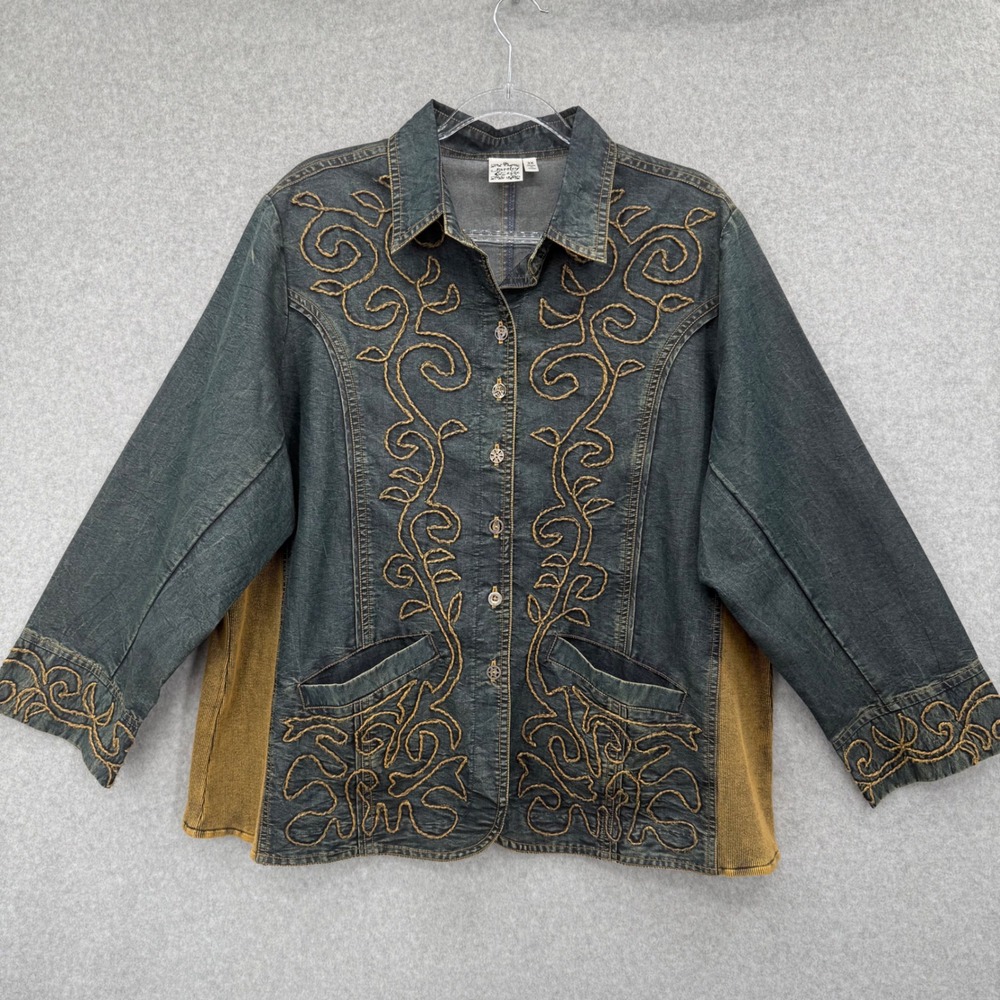 Parsley & Sage Denim Jacket Women‎ 2X Blue Embroidered Art To Wear Boho Western